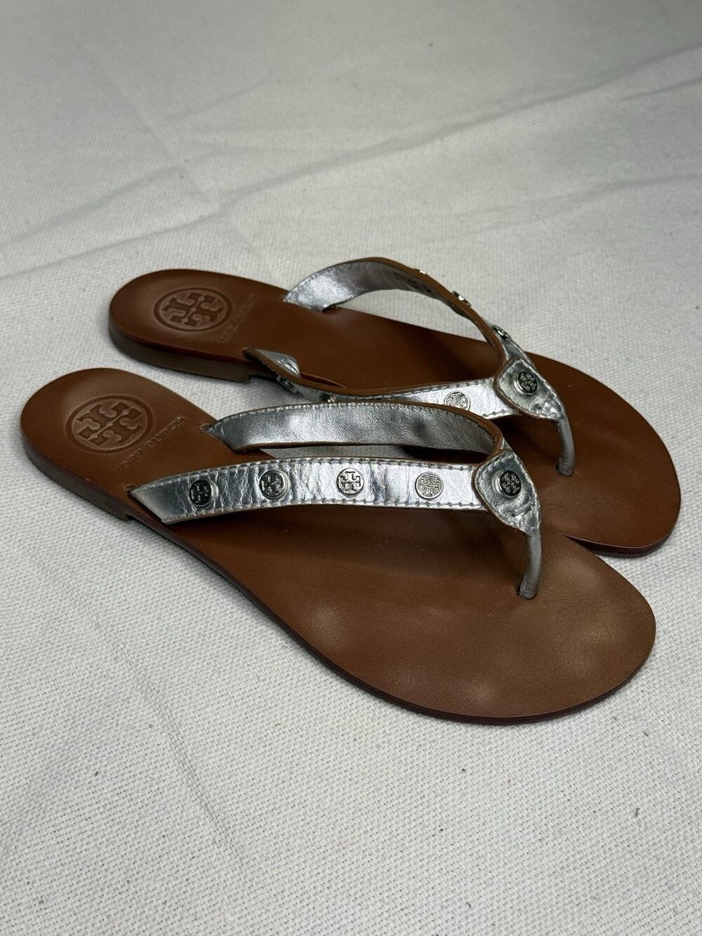 Tory Burch Logo T Stud Thong Sandals Silver Size 6 M